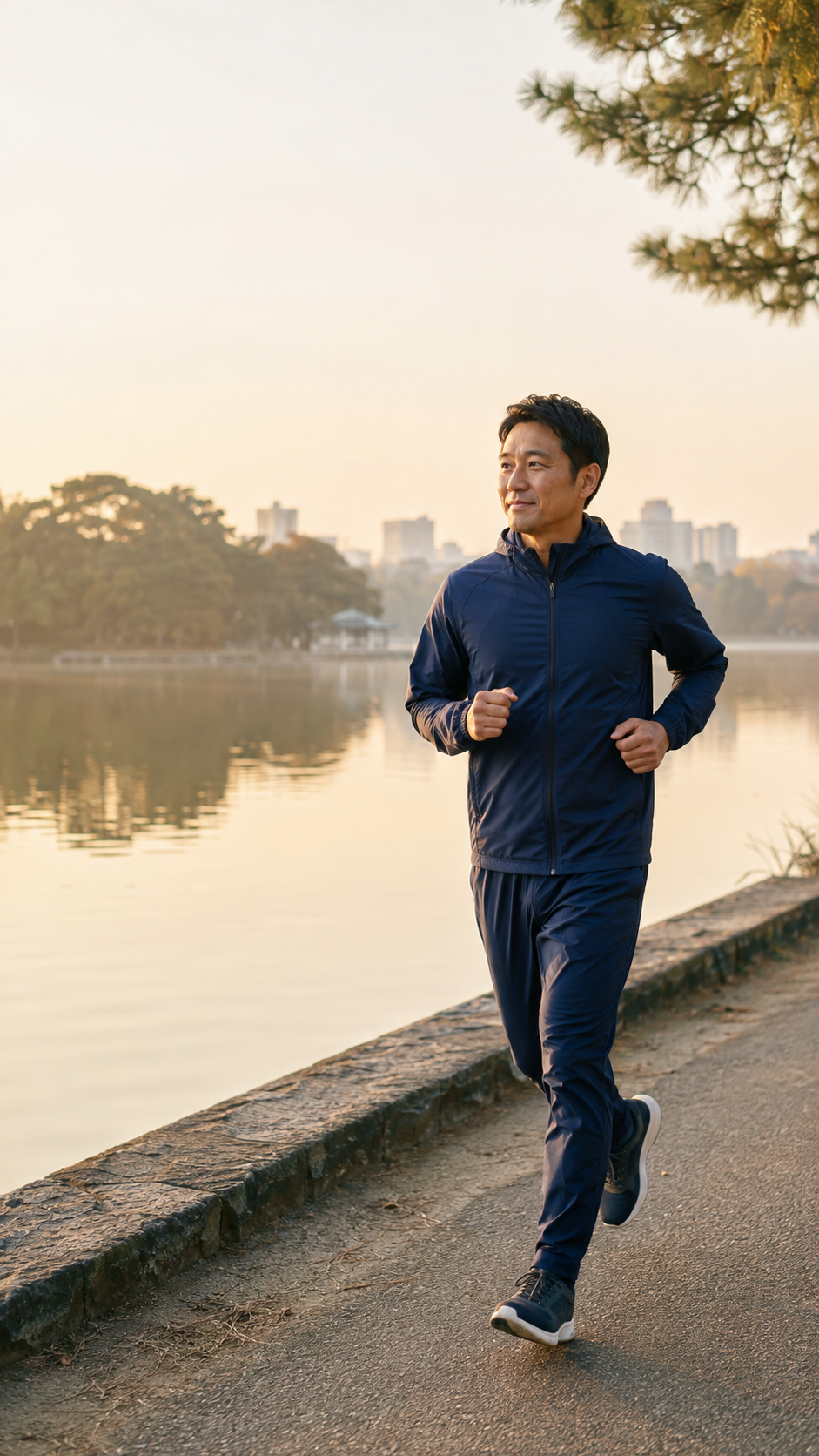 朝の大濠公園を紺のジャージで走る大人の男性